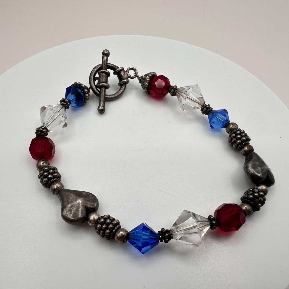 Vintage Y2K Silver Tone Heart Polycrome Glass Beaded Charms Bracelet Jewelry 90s